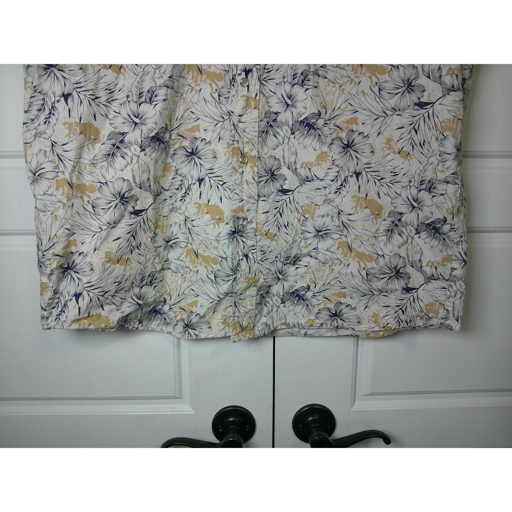 Roper Pearl Snap Shirt Mens‎ Medium Cream Blue Floral Hibiscus Western Rodeo - Picture 6 of 11